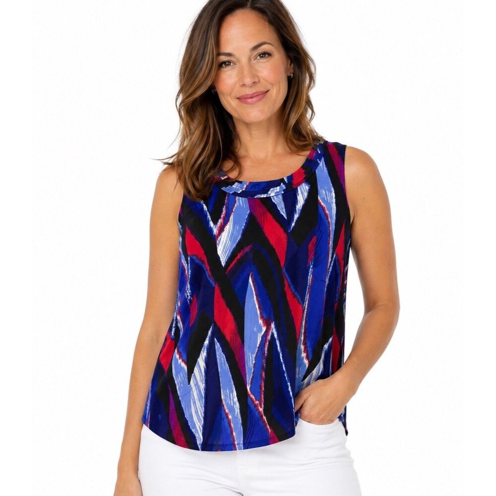 Kasper Petite Small Sleeveless Blouse Blue Red Abstract Career Tank Top Artsy